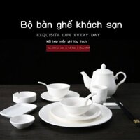 (Mới về) Bộ đồ ăn nhà hàng khách sạn cao cấp bằng gốm sứ trắng tinh khiết Bộ ba hoặc bốn món bát đĩ