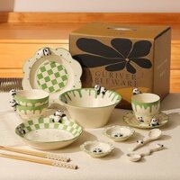 ❤Molly Ưu Tiên Xanh Gấu Trúc Bộ Đồ Ăn Gốm Dễ Thương Bộ Đồ Ăn Handmade Bộ Đồ Ăn Mì Bát Tay Cốc Đĩa Món Tráng Miệng Đĩa Thìa Trẻ Em Bộ Đồ Ăn Sáng Tạo Bộ Đồ Ăn