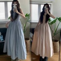 [Momo] Đầm yếm eo hẹp cổ vuông phong cách mới Tính khí nữ Slimer Look Váy dài ins Váy xoay lớn