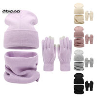 MONDANDI 3 Cái/bộ Nữ Mùa Đông Ấm Áp Mũ Đan Găng Tay Bộ Khăn Lông Cừu Lót Màn Hình Cảm Ứng Hai Lớp Mũ Nhiệt Cổ Quấn Bộ Găng Tay