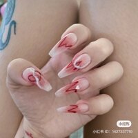 Móng giả thiết kế sơn gel màu lì vẽ vân sóng đỏ móng úp handmade