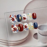 Móng tay có thể đeo được thủ công, Sứ xanh trắng vẽ tay, Nghệ thuật làm móng phong cách Trung Hoa màu xanh, Miếng dán móng tay giả, Phong cách ngắn