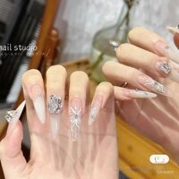 Móng tay giả dán, móng tay handmade thuần túy, móng tay mặc được, cảm giác quý phái, đường vẽ tay lấp lánh, nghệ thuật móng tay hình bướm
