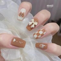 Móng tay giả đính nơ nổi Baby bear face caro kèm keo AC052 set24
