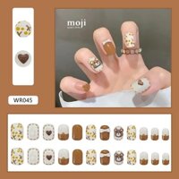 Móng tay giả đính nơ nổi Baby bear face heart kèm keo WR045 set24