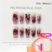 Móng tay giả handmade có thể đeo, màu đỏ rượu vang, hoa trà, bướm, nhãn dán móng tay handmade, nghệ thuật móng tay sáng bóng