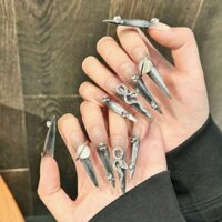 Móng tay giả hình giày cao gót hoàn toàn thủ công với keo, hình mặt trăng và sao, màu bạc, công nghiệp nặng, phototherapy, miếng dán móng giả tái sử dụng