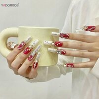 Móng tay giả màu đỏ với trang trí kim cương giả Móng tay giả siêu linh hoạt lâu trôi