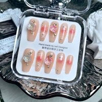 Móng tay giả màu hồng thủ công với keo dán Bộ móng tay nhân tạo màu trắng và hoa