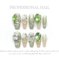 Móng tay nhân tạo Cyan Diamond Olive Green Cat Eye Phototherapy Nails có thể tái sử dụng và tháo rời