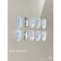 móng úp sơn thạch tone xanh vẽ tráng gương