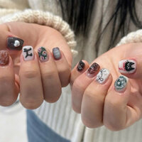 Móng up thiết kế form vuông ngắn vẽ gel bạc nơ bling hàn quốc trend