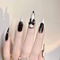 Móng úp thiết kế móng giả sơn gel đen phối trắng sữa đính nơ nailbox