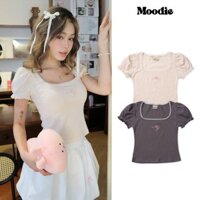 Moodie - Moka Top | Áo Kiểu Nữ Tay Phồng Thêu Mg Vải Thun Gân Co Dãn Style Babydoll