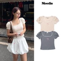 Moodie - Moka Top | Áo Kiểu Nữ Tay Phồng Thêu Mg Vải Thun Gân Co Dãn Style Babydoll
