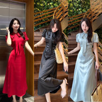 [MOOMHOUSE] Váy lụa silk tay bồng nhẹ cổ buộc nơ có dây buộc eo phía sau