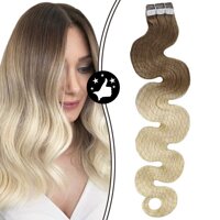 Moresoo Tape in Wavy Extension Real Human Hair 20 Inch Tape in Hair Extensions Color #6 Brown Fading to #613 Bleach Blonde Tape in Extensions Remy ...