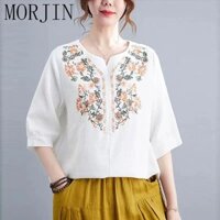 Morjin Phong Cách Dân Tộc Thêu Áo Cotton Ba Phần Tư Tay Áo Thun Nữ Trung Niên Người Cao Tuổi Mẹ #TX1230#