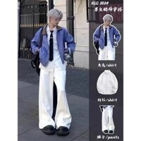 Một Bộ Áo Khoác Đeo Vai Ngắn Kẻ Sọc Xanh Nam Mẫu Mặc Áo Khoác Cao Cấp Phù Hợp Với Quần Trắng Thường Ngày