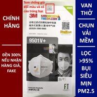 Một cái khẩu trang 3M 9501V+ KN95 lọc hơn 95% bụi siêu mịn PM2.5 có van thở, đeo tai, chun vải mềm hơn 9501VT, chính hãng