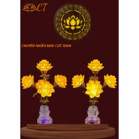 (MỘT CẶP) ĐÈN THỜ 5 BÔNG LƯU LY HOA SEN THÂN THUỶ TINH PHA LÊ ĐỔI MÀU CAO 42CM NHIỀU CHẾ ĐỘ MÀU TẶNG VỈ LED DỰ PHÒNG