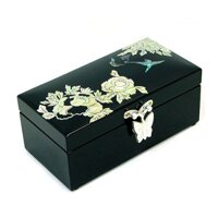 Mother of Pearl Indian Lilac Design Design Lacquered Black Small Wooden Asian Mirrored Jewelry Trinket Keepsake Treasure Box Ring Case Chest Organizer