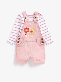 mothercare - set áo dài tay kèm quần short yếm màu hồng hoạ tiết hoa cho bé gái