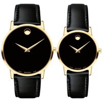 Movado Museum Mặt Tròn Viền Vàng Dây Da Màu Đen 0607314 và 0607319