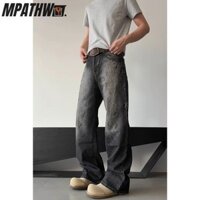 MPATHW Quần jean nam, đen bẩn, mực bắn tung tóe, cũ, dáng rộng, sờn, quần thẳng hơi loe