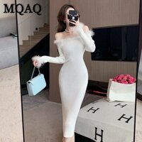 Mqaq Thu Đông Phong Cách Mới Nữ Lông Nối Một Cổ Tắt Vai Áo Len Dệt Kim Đáy Đầm
