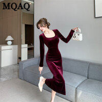 Mqaq Tính Khí Nhung Cổ Tròn Giảm Béo Đầm Thời Trang Màu Trơn Nữ Hoàng Đa Năng Đơn Giản Dài Đầm