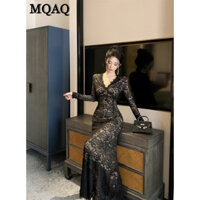 Mqaq Váy dài tay rỗng ren đen dành cho nữ mùa thu, có cảm giác cao cấp và váy đuôi cá cinched eo