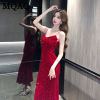 Mqaq Váy dây đeo spaghetti kiểu Pháp mới dành cho nữ, khí chất đuôi cá nhung tuyệt đẹp, váy dạ hội sequin đen
