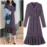 Mqaq Váy hoa mùa hè nữ viền lá sen dài tay eo cao váy dài giấc mơ màu tím vừa và dài quấn cơ thể cà phê nghỉ ngơi