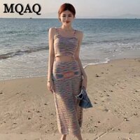 Mqaq Váy Yếm Lưng Cao Kẻ Sọc Cầu Vồng Thời Trang Mùa Hè Phong Cách Hàn Quốc