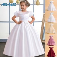 Mqatz Tay Ngắn Trẻ Em Màu Trắng Phù Dâu Đầm Cho Bé Gái Trẻ Em Trang Phục Công Chúa Đầm Dự Tiệc Cô Gái Váy Khiêu Dâm Satin Cưới 4-14 Tuổi LP-285