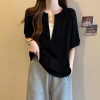 MR Áo thun ngắn tay giả hai mảnh thời trang cỡ lớn cổ chữ V trơn [Áo Oversize] (40-150kg)