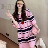MR [Đầm Tay Ngắn Oversized] (40-150kg) Plus Size Sọc Ngang Màu Hồng Ngọt Ngào Trên Đầu Gối