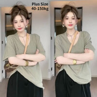 MR[Plus Size] (150kg có thể mặc) Áo thun nữ Oversize tay ngắn cổ chữ V cỡ lớn thời trang Áo Oversize trơn