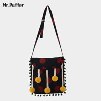 Mr.puffer Túi đeo chéo vai vải nhung mới lông bóng tua rua niche túi xách nữ sang trọng túi polka dot retro túi