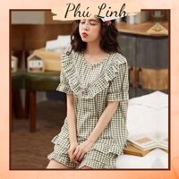 MS177 Bộ mặc nhà kẻ caro viền bèo Quảng Châu