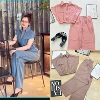 MS185 Set áo sơ mi quần dài đũi vân mây. Áo và quần có dây khoá kéo phía trước. Quần xếp ly che bụng  và có lưng thun