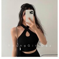 MS216 Áo len tăm croptop cổ yếm - Đen,Free size