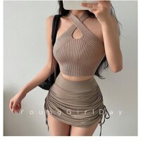 MS216 Áo len tăm croptop cổ yếm - Cafe sữa,Free size