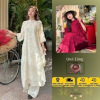 Ms40 Áo dài nữ cách tân lông vũ phối buộc nơ cách điệu kèm quần, Áo dài tết cách tân mặc dịp tết, đi chơi hiện đại