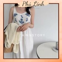 MS906 Váy đầm hai dây nữ đan móc thêu hoa xanh đi biển