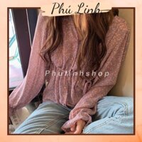 MS966 Áo voan nữ hoa nhí tím mộng mơ chiết eo tay bo xoè