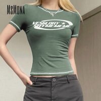 Msmona women 2023 new fahsion casual vintage sexy slim fit print t-shirt