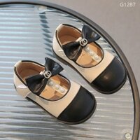 MT Giày búp bê mũi đen phối nơ đính ngọc