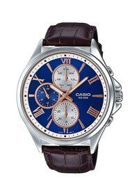 MTP-E316L-2AV Men's Enticer Multi Hands Brown Leather Band Blue Dial Watch